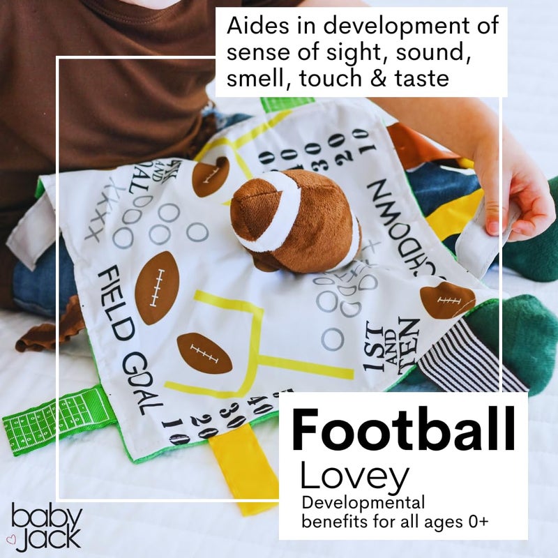 The Learning Lovey Baby Jack & Co 10x10â€ Football Sports Lovey Sensory Plush Blanket - Tag Toys for Babies - Baby Stroller Toys - Learn Shapes, Letters & Colors - MVP Baby Ball Toy & Baby Sports Gift - Image 3