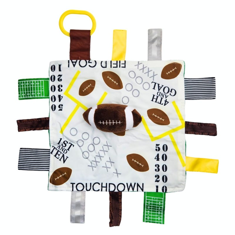 The Learning Lovey Baby Jack & Co 10x10â€ Football Sports Lovey Sensory Plush Blanket - Tag Toys for Babies - Baby Stroller Toys - Learn Shapes, Letters & Colors - MVP Baby Ball Toy & Baby Sports Gift - Image 1