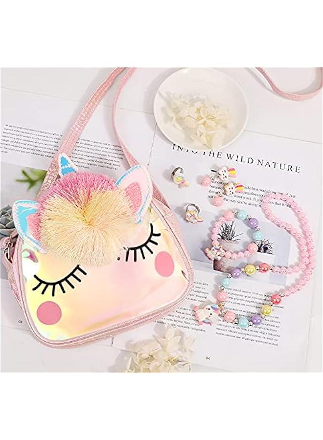 Unicorn Crossbody Bag Purse with Jewelry Set Little Girls, Unicorn Princess Necklace Bracelet Rings Earrings Handbag Accessories, Jewelry Party Favors Gift Dress Up - Image 4