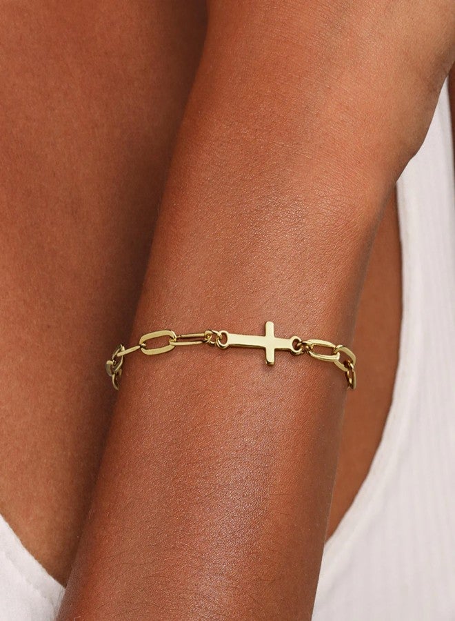 Poxtex أساور بوكستكس الذهبية بتصميم صليب يسوع للنساء، عصرية وأنيقة، مطلية بالذهب عيار 14 قيراطًا، أساور دينية للنساء، هدايا معمودية مسيحية للأمهات، 7، نحاس، بدون أحجار كريمة - Image 3