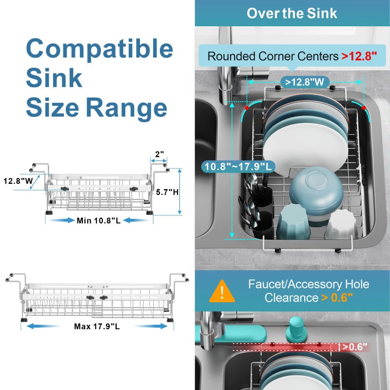 GSlife in Sink Dish Drying Rack - Stainless Steel Capacity Expandable Over The Sink Dish Drainer with Lock Knob and Utensil Holder for Kitchen Sink, 10.8"-17.9" L x 12.8" W, Silver - Image 3