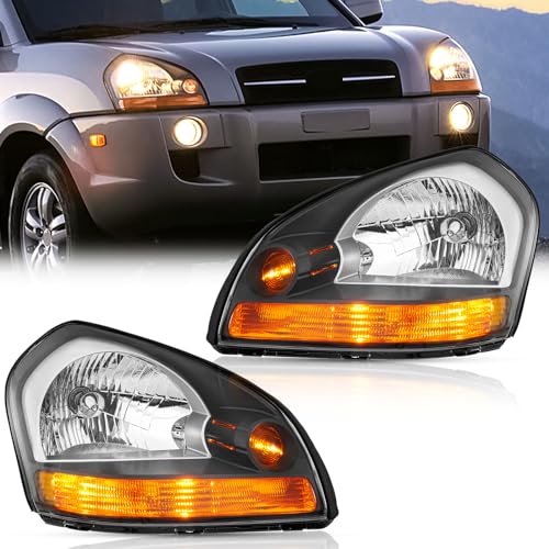 TODO Headlight Assembly Compatible with 2005-2009 Hyundai Tucson, Halogen Headlamp Replacement with Bulbs, Driver and Passenger Side Pair, Replaces 92101-2E001 92102-2E001 - Image 1