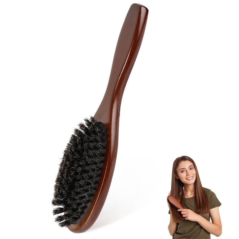 Natural Boar Bristle Hair Brush: Oval Paddle, Anti-static Design - Scalp Massage Stimulation, Beech Handle for Daily Hair Care & On-the-go Use - Image 3