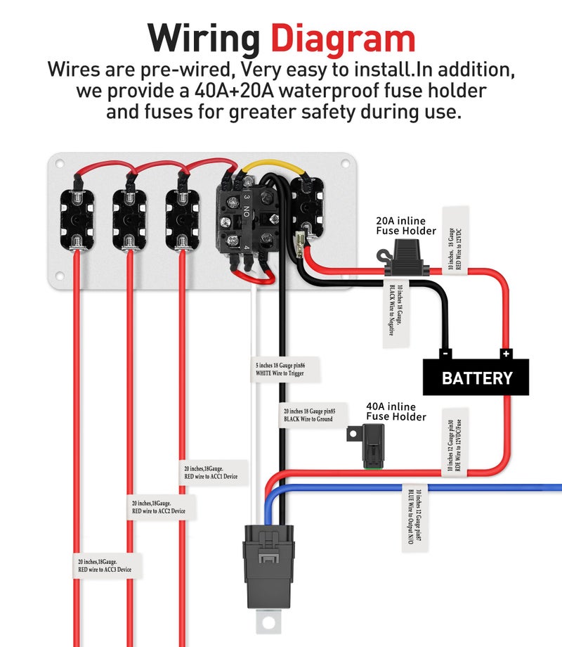 FASTSTORM Ignition Rocker Switch Panel 12V 5 in 1 with Engine Push Button Toggle Switches with Relay Wiring Harness LED for RV Truck Racing Car Boat Marine Trailer - Image 3