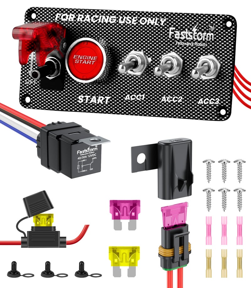 FASTSTORM Ignition Rocker Switch Panel 12V 5 in 1 with Engine Push Button Toggle Switches with Relay Wiring Harness LED for RV Truck Racing Car Boat Marine Trailer - Image 1