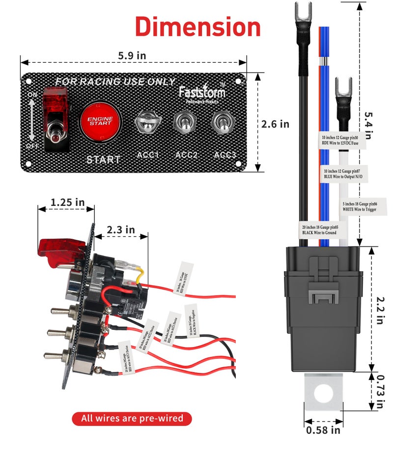 FASTSTORM Ignition Rocker Switch Panel 12V 5 in 1 with Engine Push Button Toggle Switches with Relay Wiring Harness LED for RV Truck Racing Car Boat Marine Trailer - Image 5