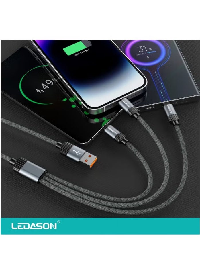 LEDASON - 3-in-1 USB Cable, Lightning, Micro & USB-C Compatible, Fast Charging & Data Transfer, Multi-Function Cable for Phones, Tablet - Image 1