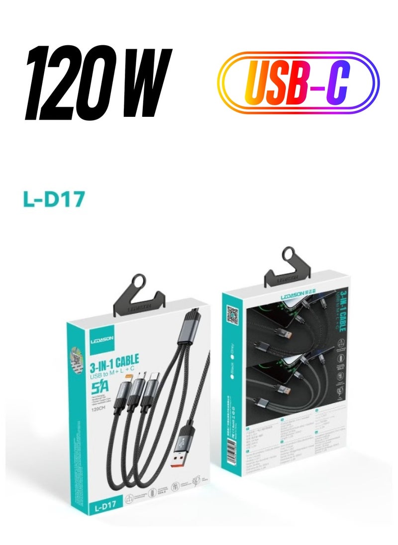 LEDASON - 3-in-1 USB Cable, Lightning, Micro & USB-C Compatible, Fast Charging & Data Transfer, Multi-Function Cable for Phones, Tablet - Image 1