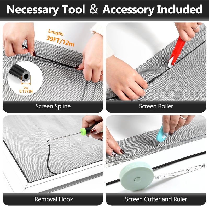 Secopad Window Screen Door Repair Kit, 48" x 177" Screen Door Mesh Replacement Kit, Durable Fiberglass Mesh Roll with Tools for Windows Doors Patio and Porch Replacement, Black - Image 3