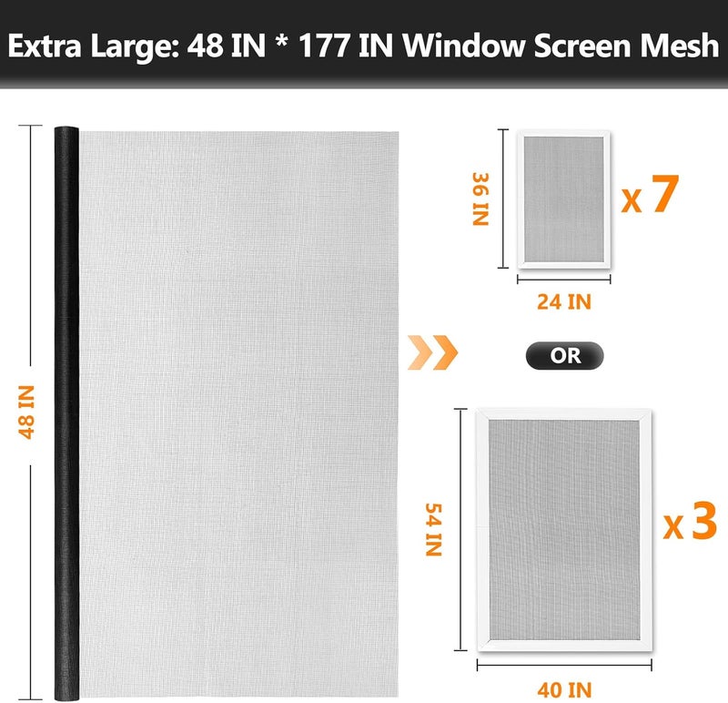 Secopad Window Screen Door Repair Kit, 48" x 177" Screen Door Mesh Replacement Kit, Durable Fiberglass Mesh Roll with Tools for Windows Doors Patio and Porch Replacement, Black - Image 2