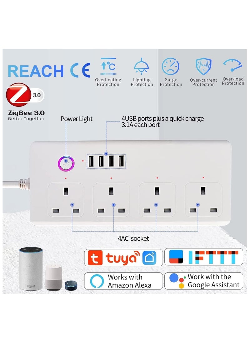 General - ZigBee Power Strip Smart Surge Protector Extension Lead, Smart Home Family Sharing，Voice Control Compatible with Alexa & Google Assistant, 4AC Outlets 4USB,Remotelty Control Timer Schedule - Image 1