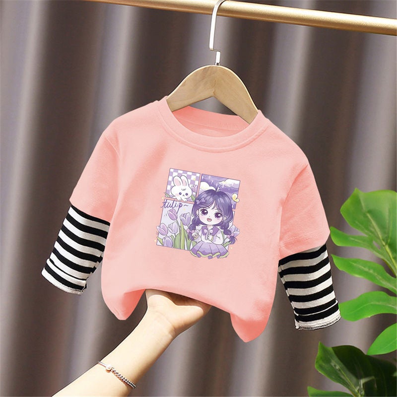 G2145# Girls Long Sleeve Shirt Western New Children'S Cartoon Cute Round Neck Base Shirt Fake Two-Piece Fashion - Image 3