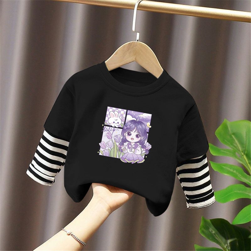 G2145# Girls Long Sleeve Shirt Western New Children'S Cartoon Cute Round Neck Base Shirt Fake Two-Piece Fashion - Image 4