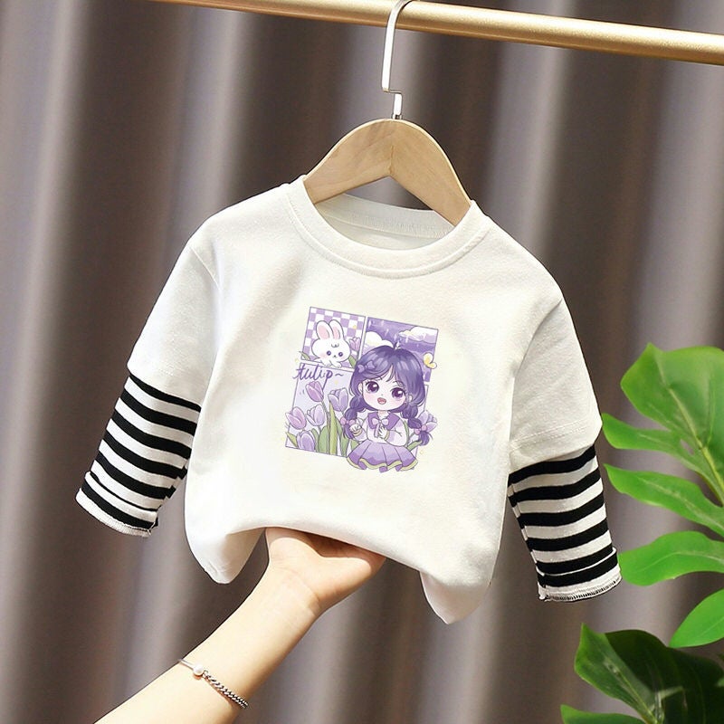 G2145# Girls Long Sleeve Shirt Western New Children'S Cartoon Cute Round Neck Base Shirt Fake Two-Piece Fashion - Image 1