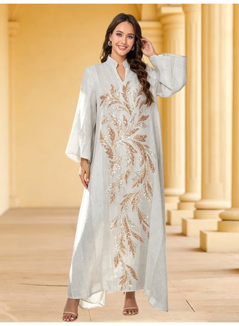 Kaiyuede Abaya Eid Ramadan Light Gray Rose Gold Sequin Polyester Breathable Stand Collar Opaque Lined Full Coverage Daily S-XL - Image 2