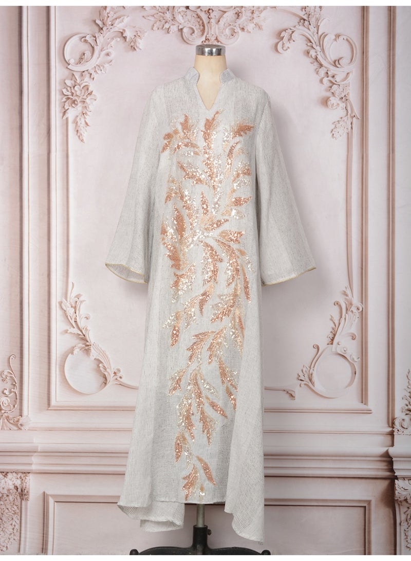 Kaiyuede Abaya Eid Ramadan Light Gray Rose Gold Sequin Polyester Breathable Stand Collar Opaque Lined Full Coverage Daily S-XL - Image 5
