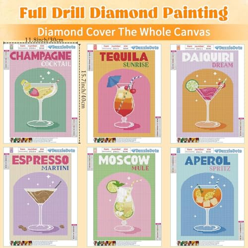 DAZZLEDOTS 6 Pack Diamond Art Kits for Adults, Cocktail Diamond Painting 5D Diamond Art Kits for Beginners Retro Cocktail DIY Full Drill Paint by Diamonds Dot Gem Art for Home Wall Decor 12x16Inch - Image 4