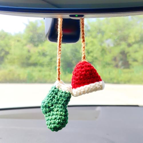 Motaney Handmade Hat and Stocking Rear View Mirror Accessories Cute Crochet Decoration Car Mirror Hanging Accessories Car Hanging Ornament and Bag Charm - Image 1