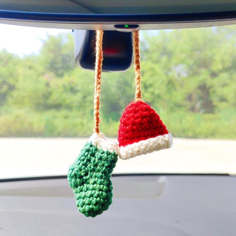 Motaney Handmade Hat and Stocking Rear View Mirror Accessories Cute Crochet Decoration Car Mirror Hanging Accessories Car Hanging Ornament and Bag Charm - Image 3