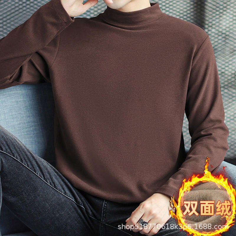 Develvet constant temperature thermal underwear fleece-lined thickened inner mens bottoming shirt half turtleneck long sleeve T-shirt autumn clothes Winter Dark green - Image 2