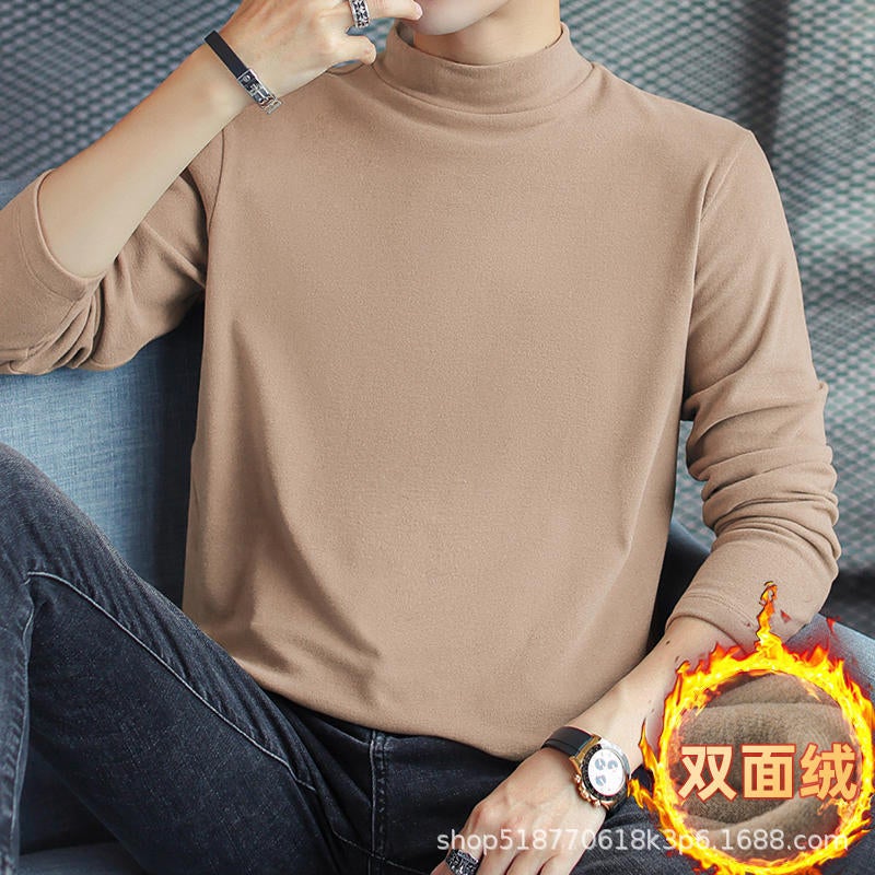 Develvet constant temperature thermal underwear fleece-lined thickened inner mens bottoming shirt half turtleneck long sleeve T-shirt autumn clothes Winter Dark green - Image 4