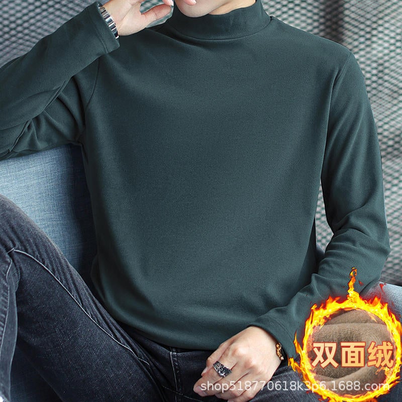 Develvet constant temperature thermal underwear fleece-lined thickened inner mens bottoming shirt half turtleneck long sleeve T-shirt autumn clothes Winter Dark green - Image 1