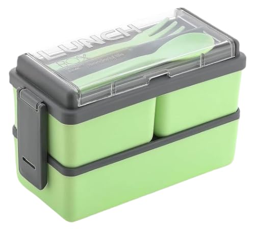 Attro Double Decker Plastic Lunch Box Comes with 3 Detachable Box 2 Spoons Stylish Lid BPA Free Air Tight Easy to Carry Ideal for Office School OudoorPistachio Green - Image 1