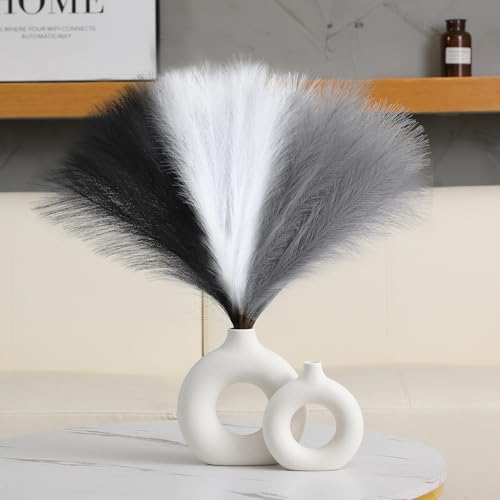 UREYMX Faux Pampas Grass Decor 17.7 Inch 6pcs, Artificial Pampas Grass Fluffy Home Decor, Short Vase Room Decor pompous Grass Flower Arrangement for Boho Home Wedding Decoration (Black,White,Grey) - Image 3