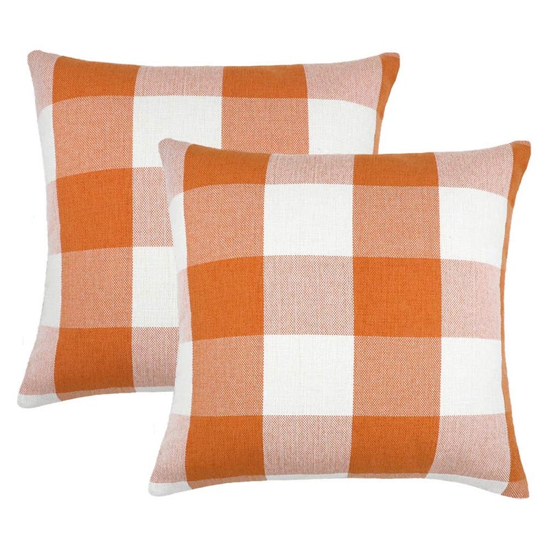 4TH Emotion Set of 2 Farmhouse Buffalo Check Plaid Throw Pillow Covers Cushion Case Polyester Linen for Fall Home Decor Orange and White 18 x 18 Inches
