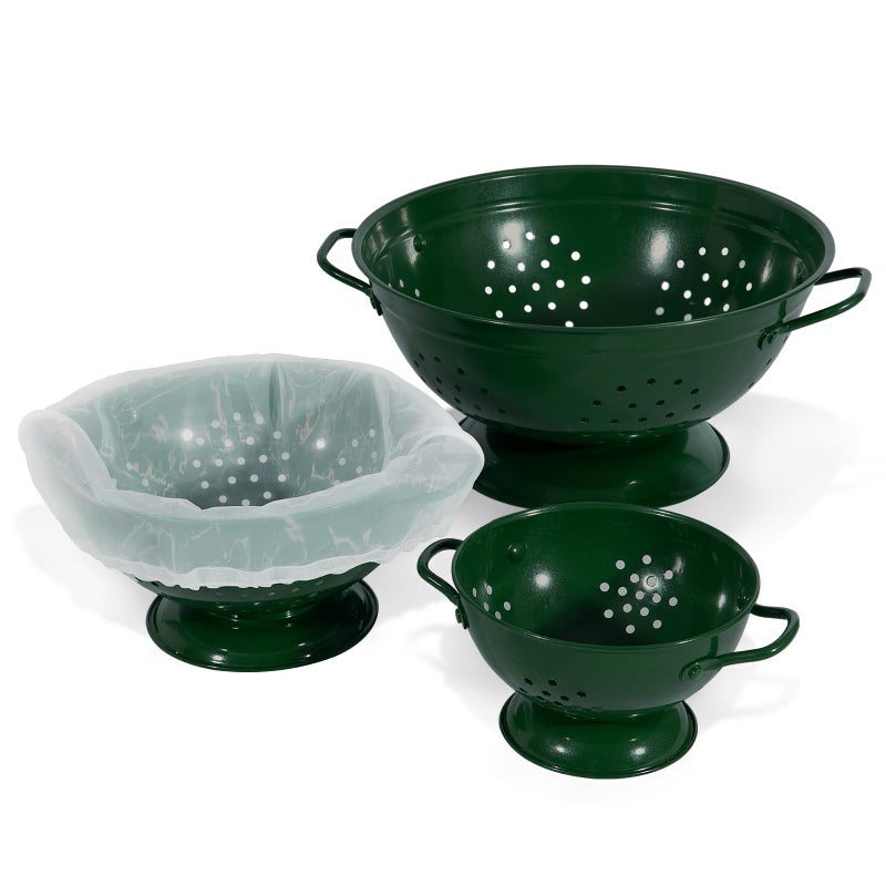 Metal Colander Set of 3 Strainer Basket with Handles perfect for Spaghetti Pasta Berry Vegetable Fruit Solid Base Powder Coated Kitchen Essential Strainer Set 1  35  5 Qt Dark Green