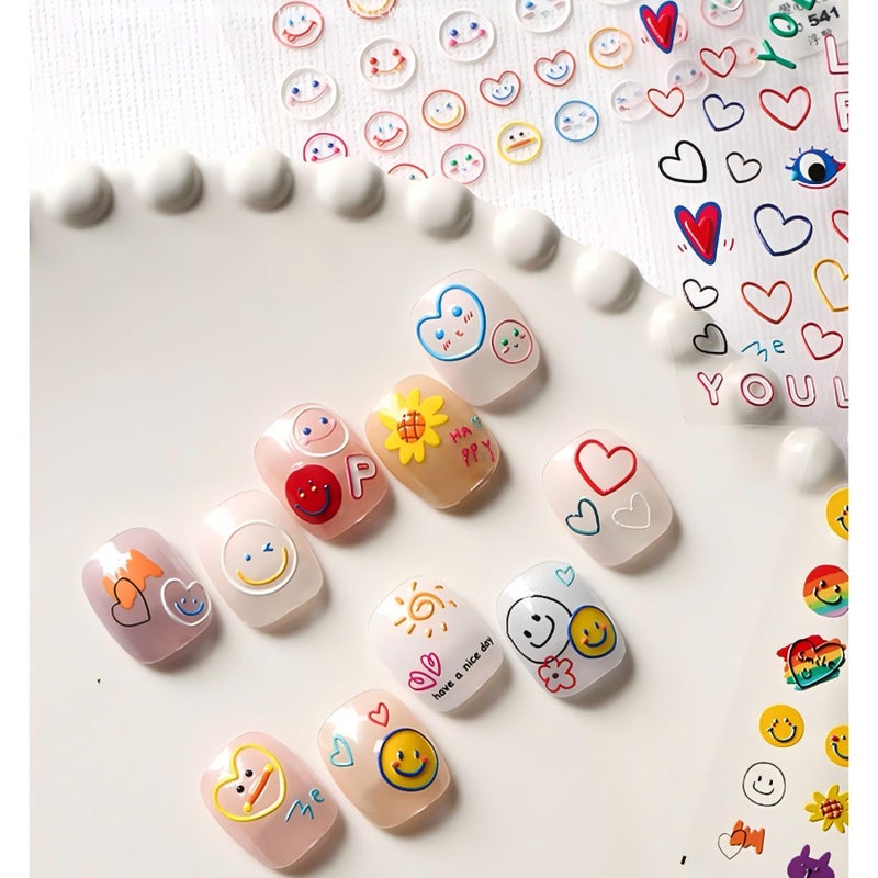 Dedyel Smile Nail Art Stickers Cute Cartoon 5D Embossed Kawaii Smile Face SelfAdhesive Nail Stickers for Women Girls Kids Nail Art Decoration