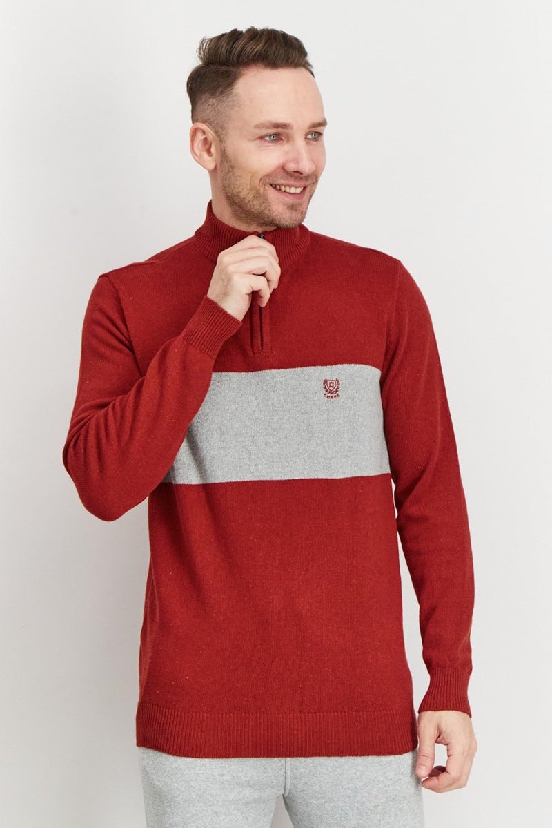 Chaps Men High Neck Embroidered Logo Long Sleeve Sweaters, Rust and Grey - Image 1