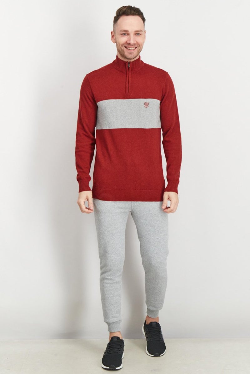 Chaps Men High Neck Embroidered Logo Long Sleeve Sweaters, Rust and Grey - Image 3