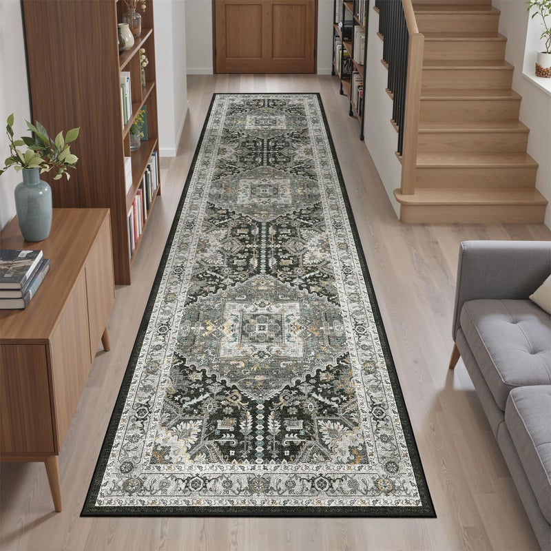 Madane Washable Runner Rug 2x8, Runners for Hallways Non-Slip Kitchen Runner Rugs Ultra-Thin Laundry Room Carpet Runner for Entrance Living Dinning Room Foyer, Grey Green/Black Olive - Image 3