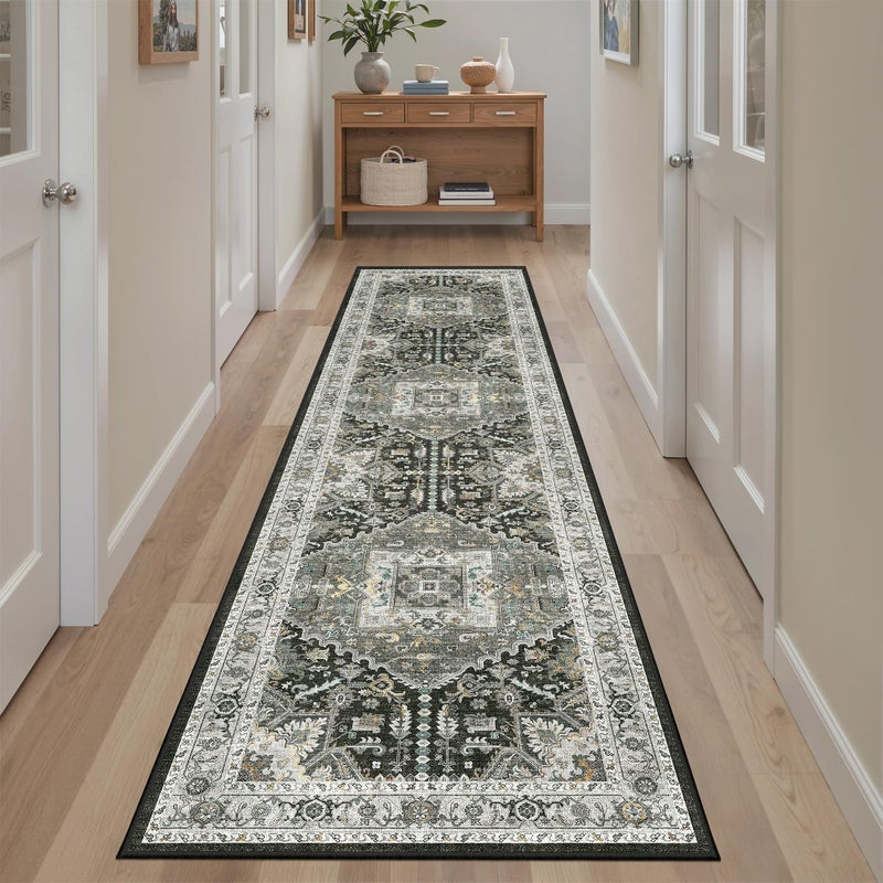 Madane Washable Runner Rug 2x8, Runners for Hallways Non-Slip Kitchen Runner Rugs Ultra-Thin Laundry Room Carpet Runner for Entrance Living Dinning Room Foyer, Grey Green/Black Olive - Image 2