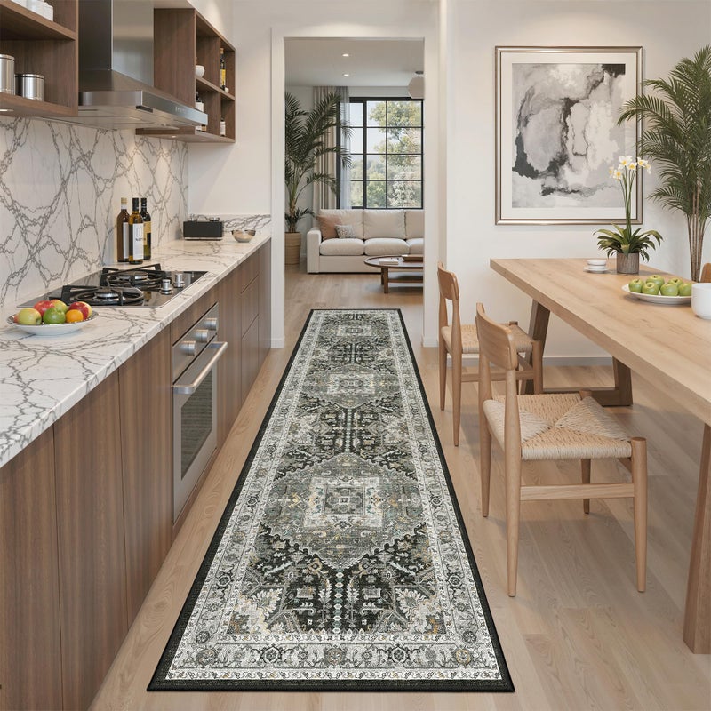Madane Washable Runner Rug 2x8, Runners for Hallways Non-Slip Kitchen Runner Rugs Ultra-Thin Laundry Room Carpet Runner for Entrance Living Dinning Room Foyer, Grey Green/Black Olive - Image 1