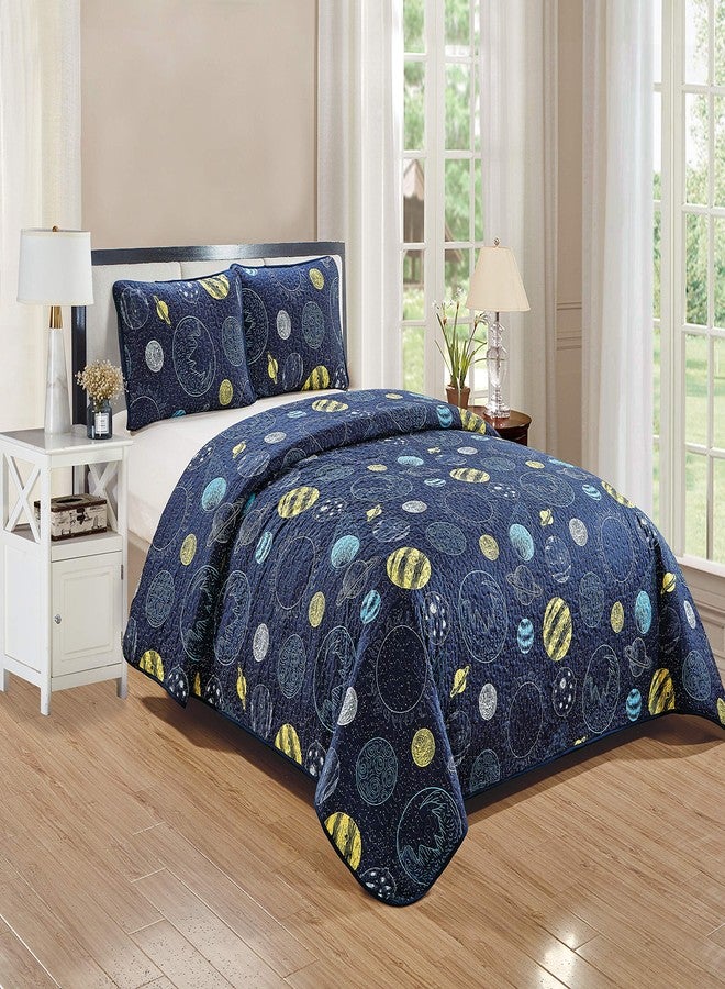 Kids Zone Home Collection Quilted Bedspread Universe Galaxy Solar System Navy Blue Yellow Blue For Boys/Teen New # Little Galaxy (Full) - Image 1