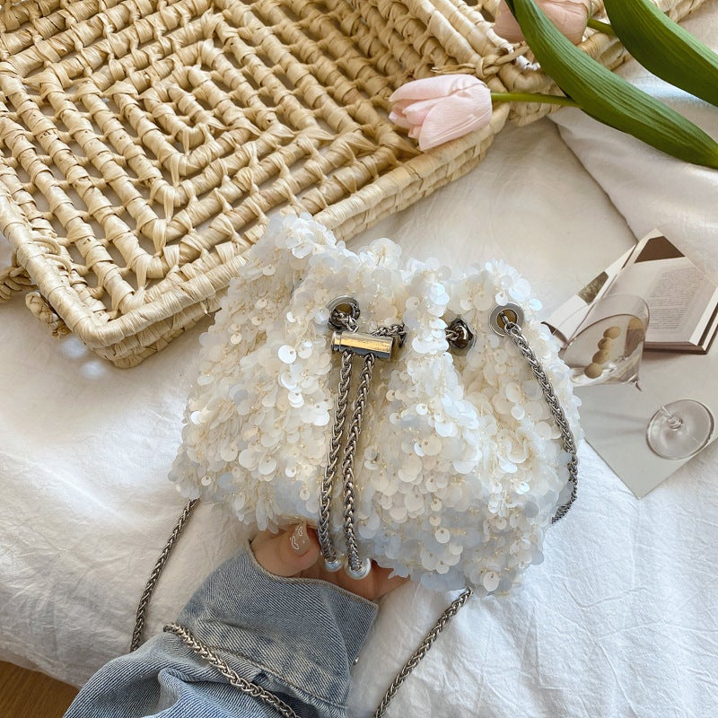 New Chinese Style Vintage National Style Bucket Bag Women'S New Arrival Heavy Craft Mesh Embroidered Flower Sequin Chain Crossbody Bag - Image 1