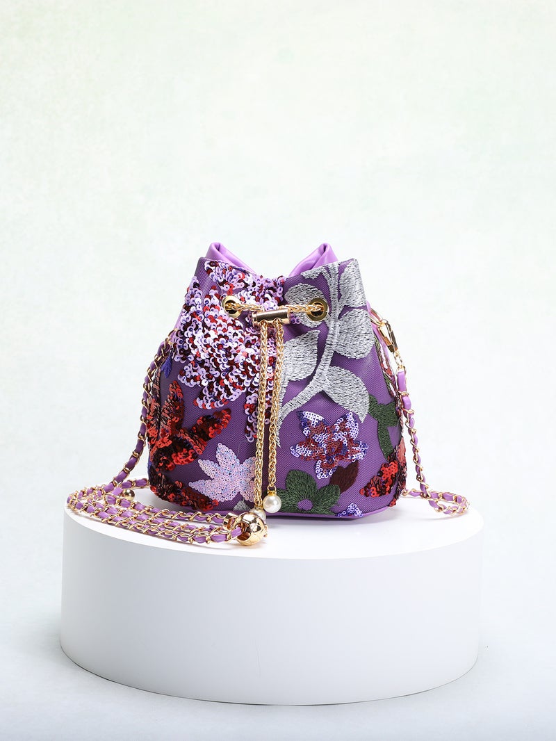 New Chinese Style Vintage National Style Bucket Bag Women'S New Arrival Heavy Craft Mesh Embroidered Flower Sequin Chain Crossbody Bag - Image 2