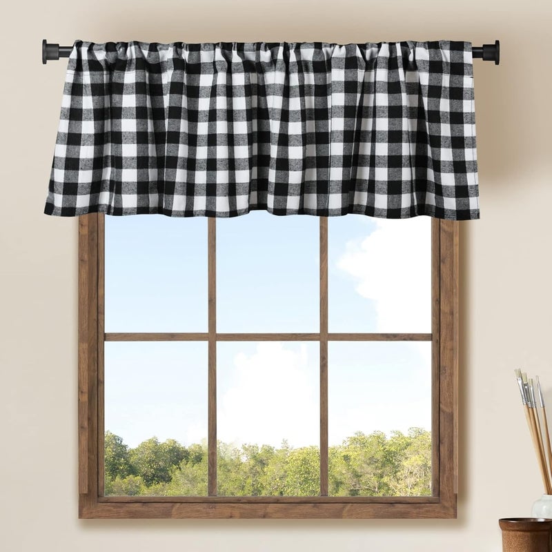 WOSIBO 2 Pack Buffalo Check Plaid Window Valances White and Black Farmhouse Design Window Treatment Decor Curtains Rod Pocket Valances for Kitchen/Living Room 16" x 56" - Image 1