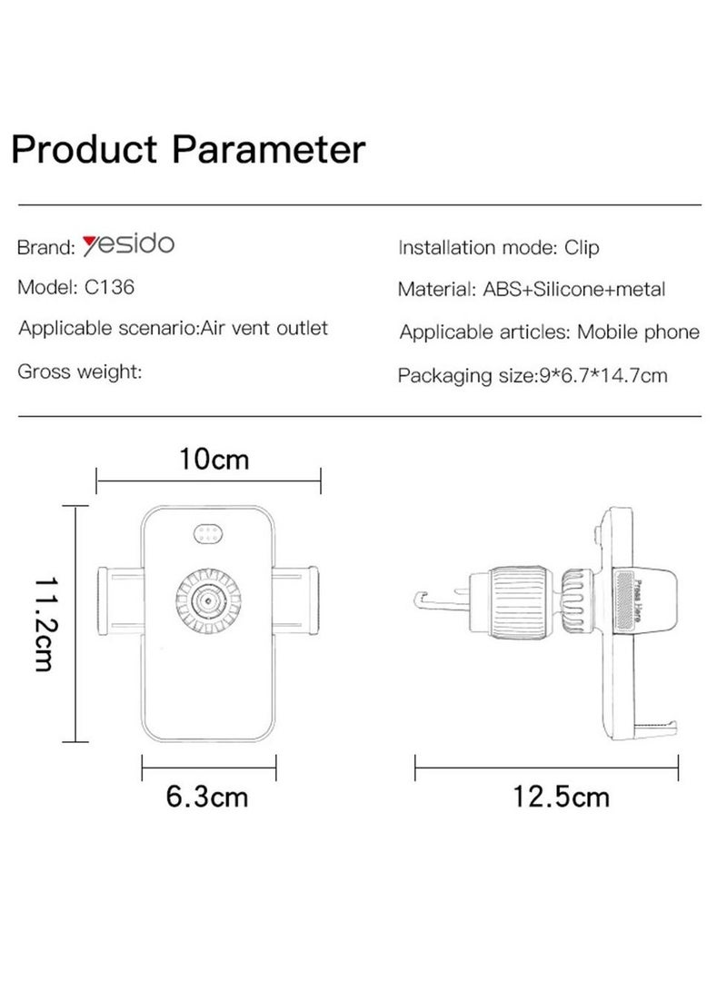 YESIDO Universal C136 air vent car phone holder - Image 2