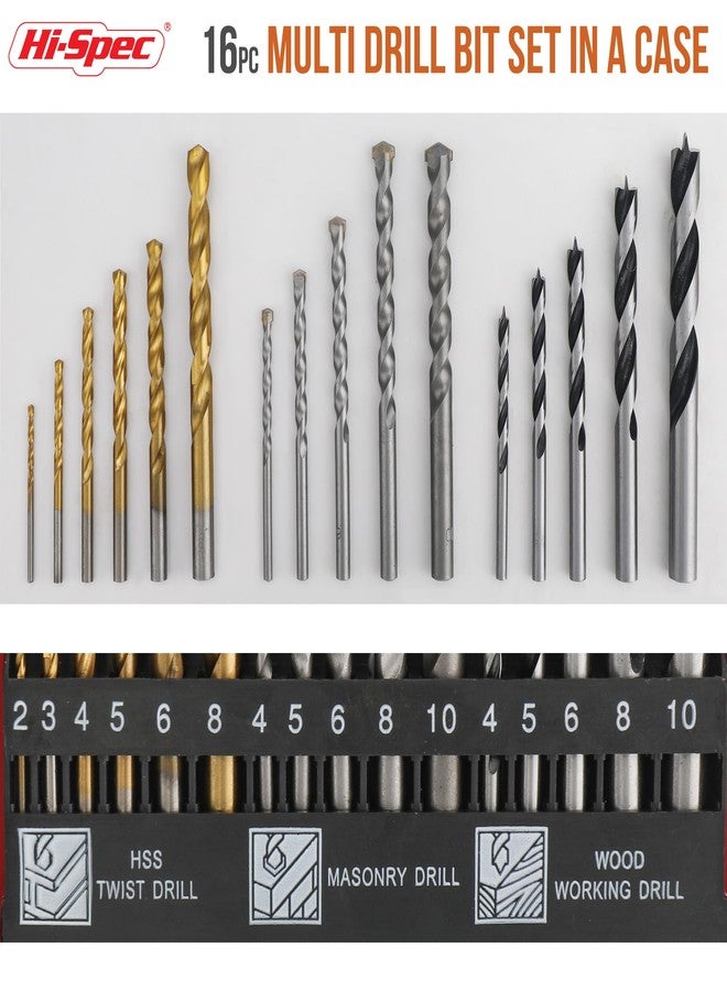 Hi-Spec 16pc Compact Multi Steel Drill Bit Box Case Set. HSS Titanium Coated, Brad Points & Masonry Mixed Drill Bits for Metal, Wood, Plastics & Brick - Image 2