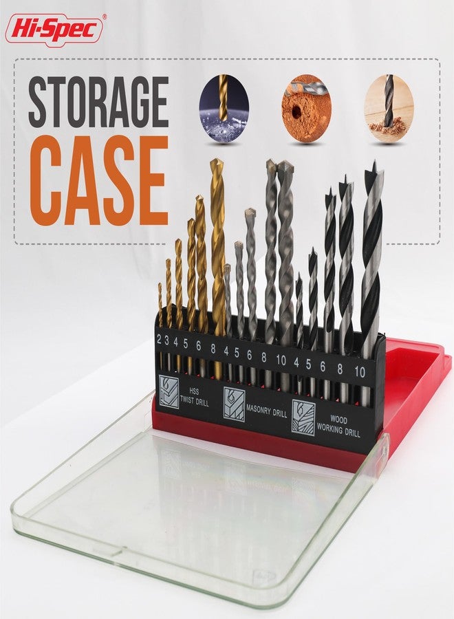Hi-Spec 16pc Compact Multi Steel Drill Bit Box Case Set. HSS Titanium Coated, Brad Points & Masonry Mixed Drill Bits for Metal, Wood, Plastics & Brick - Image 4