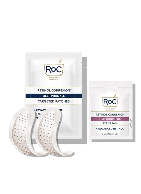 RoC Retinol Correxion Deep Wrinkle NonInvasive Targeted Patches with Hyaluronic Acid  Firming Peptides for Forehead 11 Lines Crows Feet and Laugh Lines 6 Patches with Retinol Eye Packette