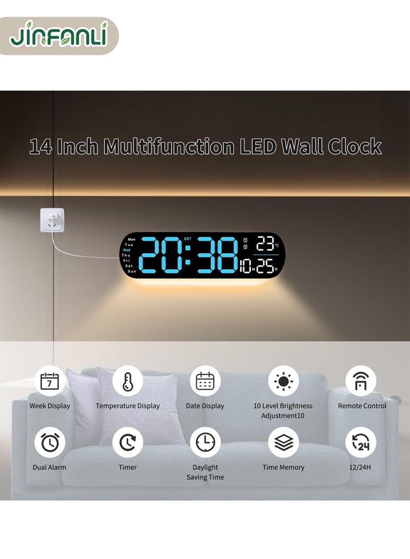 جين فان ل أنا ساعة حائط رقمية، شاشة كبيرة، ساعة منبه 14 بوصة، جهاز تحكم عن بعد، إضاءة محيطة، عشرة مستويات حساسية ضوء تلقائية، ساعة رقمية LED، ساعة كبيرة مع التاريخ ويوم الأسبوع ودرجة الحرارة - Image 3