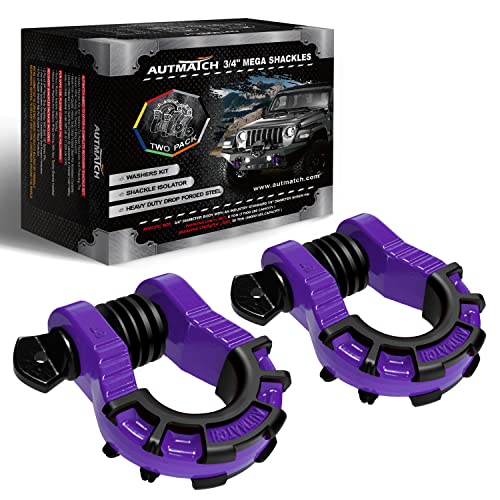 AUTMATCH D Ring Shackles 3/4" Mega Shackle (2 Pack) 68,000Ibs Break Strength - Heavy Duty Clevis Shackles with 7/8" Screw Pin and Isolator Washer for Tow Strap Winch Off Road Vehicle Recovery, Purple - Image 1