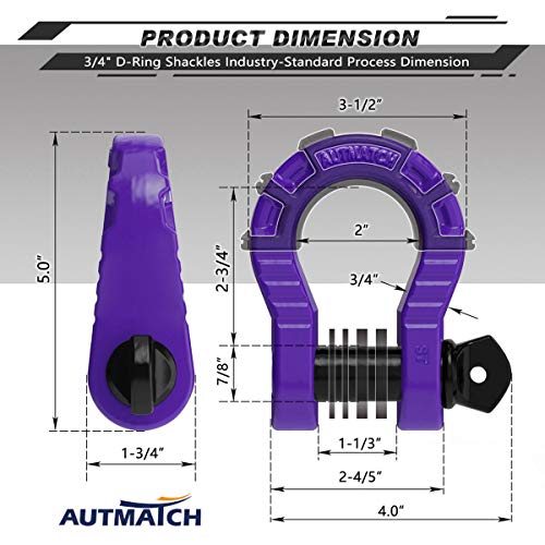 AUTMATCH D Ring Shackles 3/4" Mega Shackle (2 Pack) 68,000Ibs Break Strength - Heavy Duty Clevis Shackles with 7/8" Screw Pin and Isolator Washer for Tow Strap Winch Off Road Vehicle Recovery, Purple - Image 3