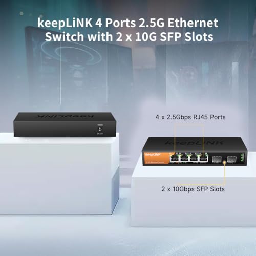 keepLiNK 6-Port 2.5G Switch Unmanaged, 4 x 2.5GBASE-T Ports & 2 x 10GBASE-T SFP Slots, 60Gbps Switching Capacity, Plug & Play/Wall Mountable/Fanless Metal, Compatible with 1000Mbps Devices - Image 5