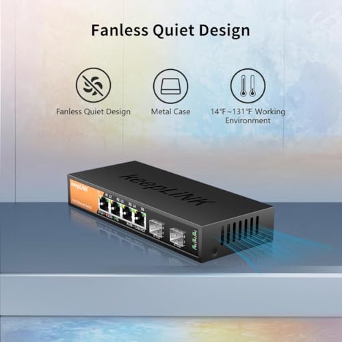keepLiNK 6-Port 2.5G Switch Unmanaged, 4 x 2.5GBASE-T Ports & 2 x 10GBASE-T SFP Slots, 60Gbps Switching Capacity, Plug & Play/Wall Mountable/Fanless Metal, Compatible with 1000Mbps Devices - Image 2