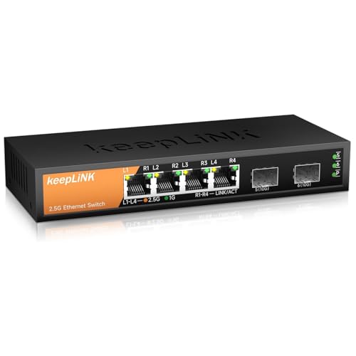 keepLiNK 6-Port 2.5G Switch Unmanaged, 4 x 2.5GBASE-T Ports & 2 x 10GBASE-T SFP Slots, 60Gbps Switching Capacity, Plug & Play/Wall Mountable/Fanless Metal, Compatible with 1000Mbps Devices - Image 1